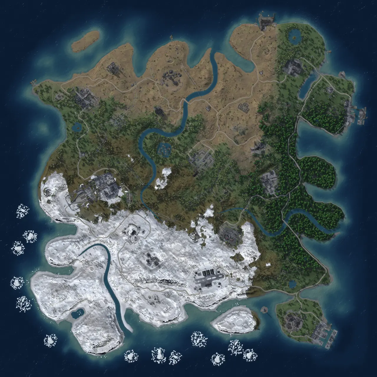 Rust Map: Procedural Map, Size: 3800, Seed: 597240534, 19 Monuments